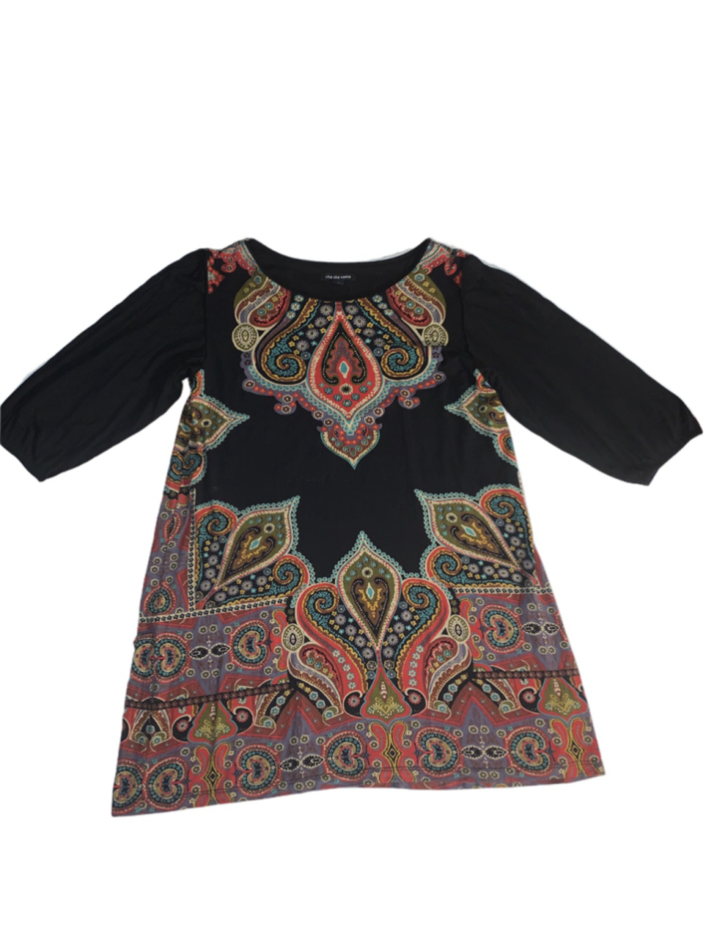 Women's cha cha vente Black Multicolor Paisley 3/4 Sleeve top L